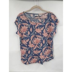 Rachel Zoe 100% Linen Floral Top Women M Blue Red Artsy Beach Preppy Coastal‎